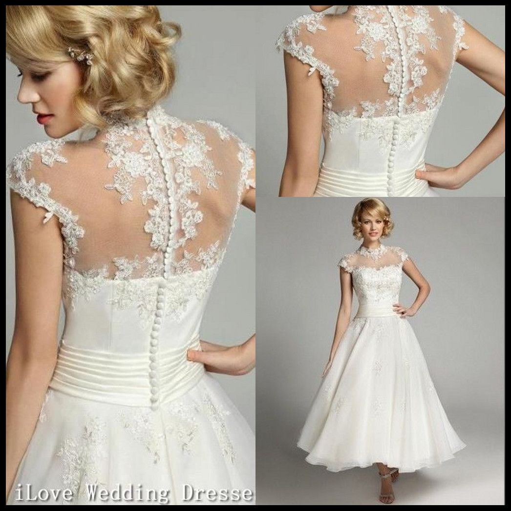 Discount 2014 Sheer High Neck Wedding Dresses Capped Lace Formal