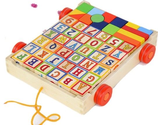 ABC&123 Wooden Block Pull Along Cart Baby Children Learning