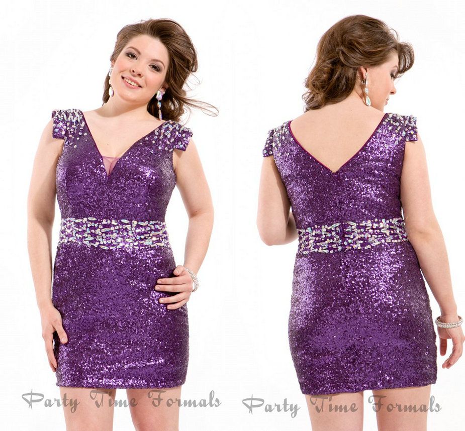 Sexy Purple Sequined Cut Cap Sleeves Plus Size Special Occasion Dresses