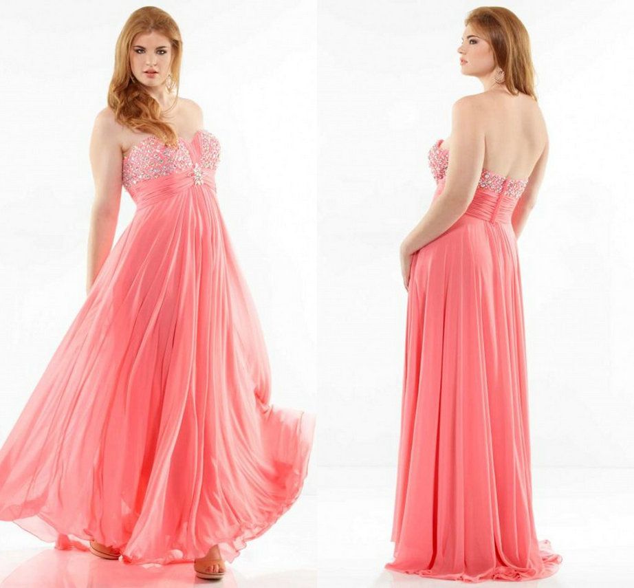 Coral Chiffon Plus Size Prom Evening Dresses 2014 Strapless Sweetheart ...