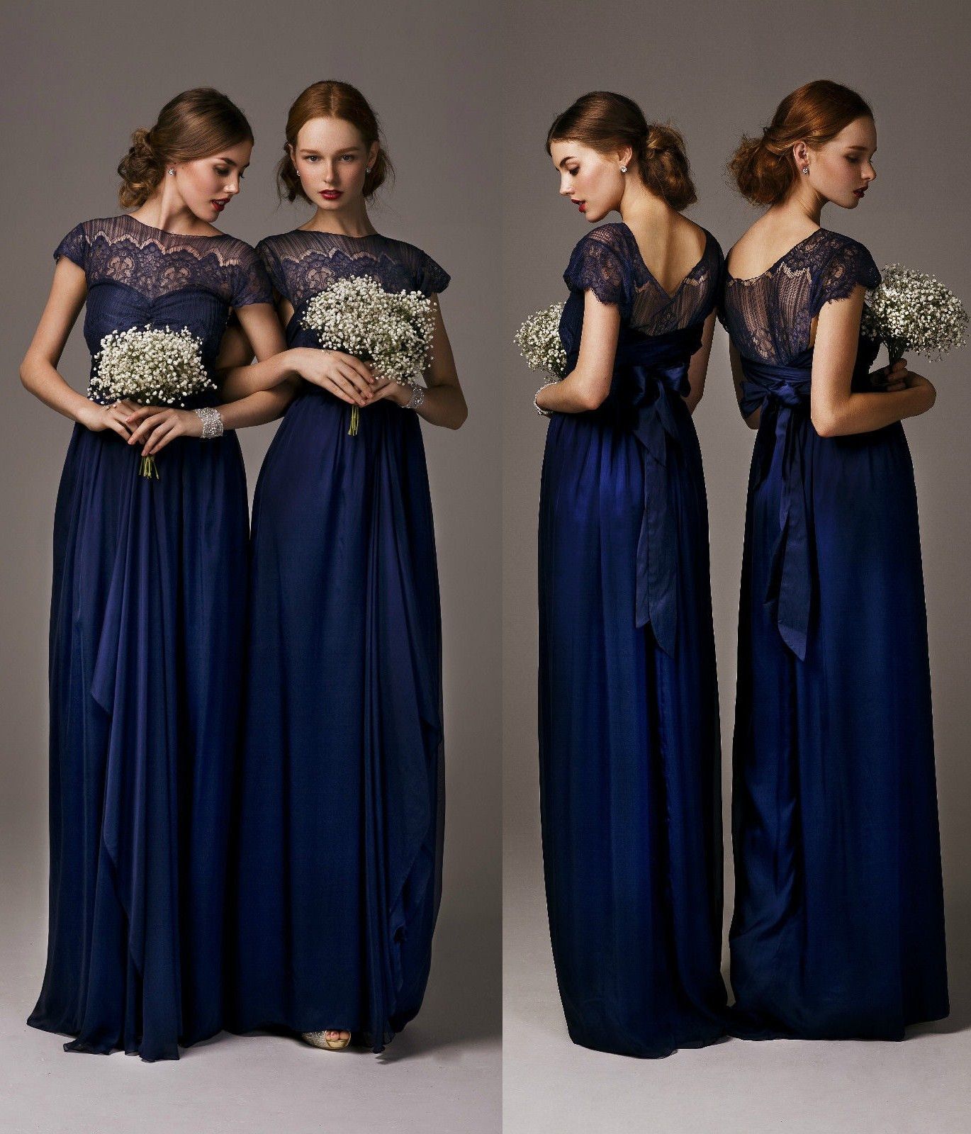 2016 Elegant Cheap Navy Blue Bridesmaid Dresses Sheer Crew Neck Short