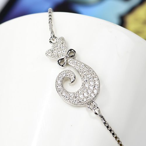 925 Sterling Silver Jewelry Women Cat Shape Charm Bracelet Adjustable ...