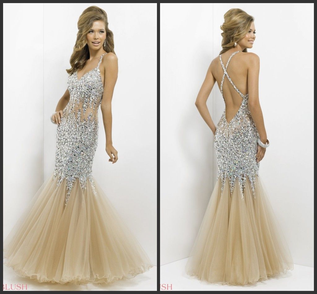 Blush 9702 Mermaid Champagne Evening Dresses Beaded Celebrity Red