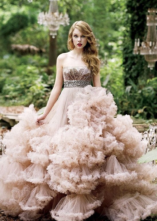 Real Sample Taylor Swift Wear Pink Ball Gown Ruffles Chapel Train