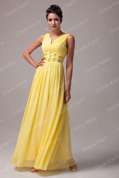 Grace Karin belle de mousseline de soie jaune robes de demoiselle dhonneur Une ligne