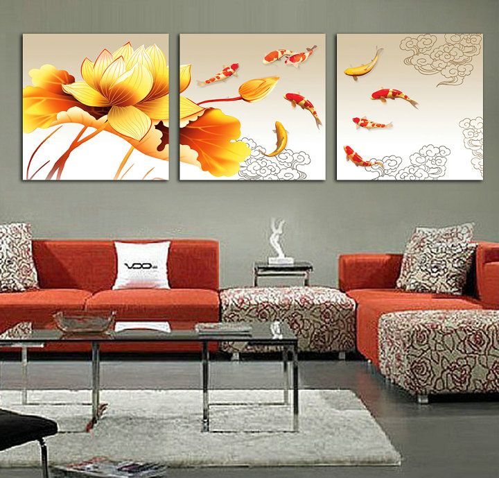Feng Shui Wall Art koi fish oil painting on canvas framed 3 panel huge wall art Feng Shui Wall Art koi fish oil painting on canvas framed 3 panel huge wall art