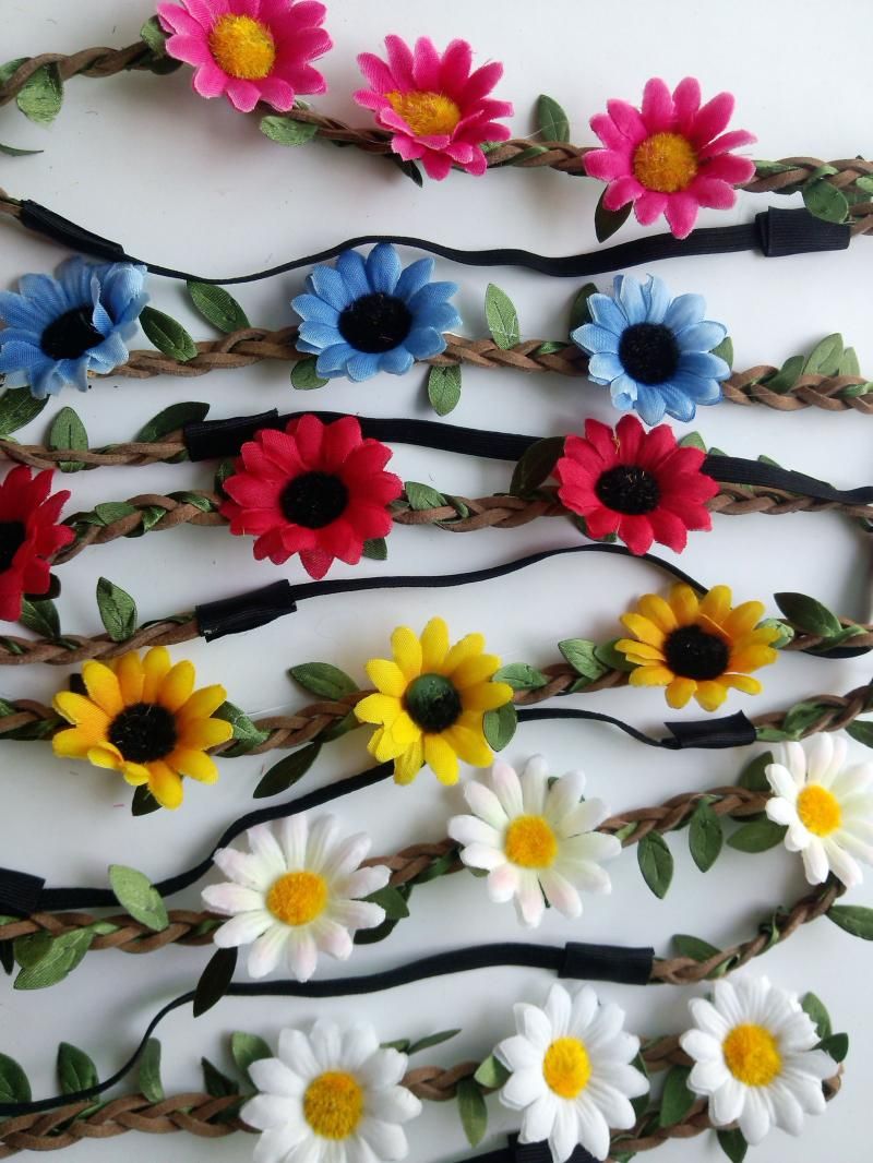 Wholesale Bohemian Headband for Women three Flowers Braided Leather Elastic Headwrap sun flower hair band Assorted Colors Hair Ornaments