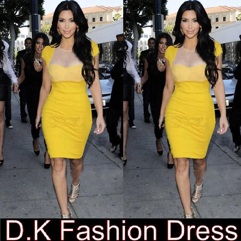 Kim Kardashian Celebrity Dresses Yellow gauze Perspective Sexy ashion ...