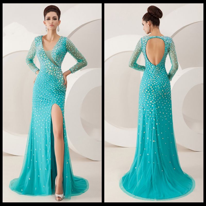 2014 Mint Green Modest Long Sleeve Prom Dresses with V Neck Crystal A