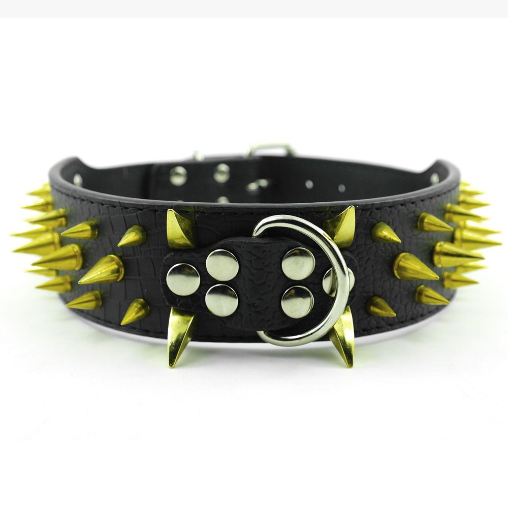2017 2 Inch Wide Black Gold Spiked & Studded Leather Dog Collars Pit
