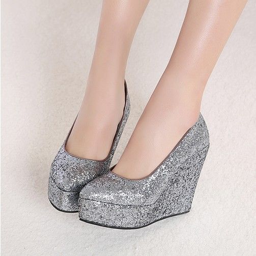 2014 Newest Wedding Shoes Gold Silver Wedges Sequins Party Prom Shoes EM00545 Online with $50.1 