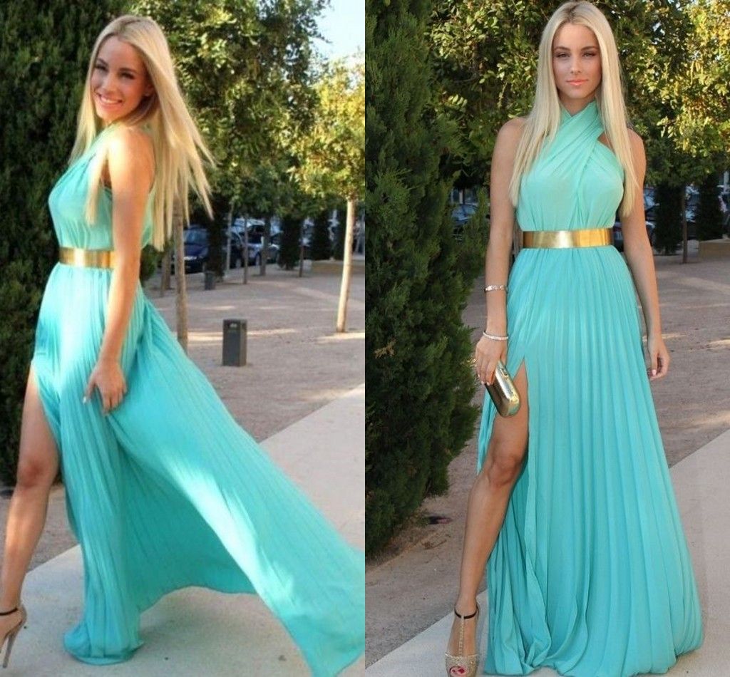 Sexy Turquoise Chiffon With Gold Belt Prom Dress 2014 New Arrival