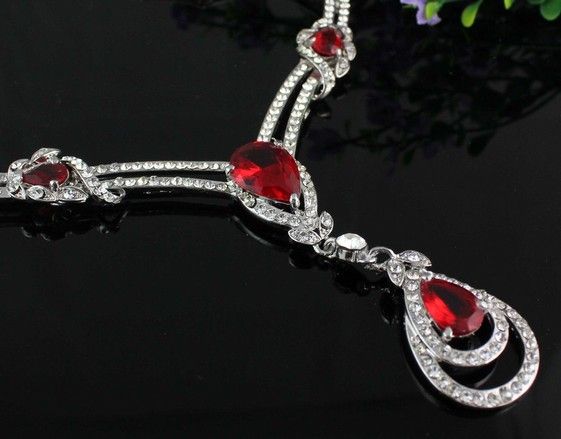 HOT RED GARNET RUBY TOPAZ WHITE GOLD PLATED NECKLACE EARRING JEWELRY SET WS#2