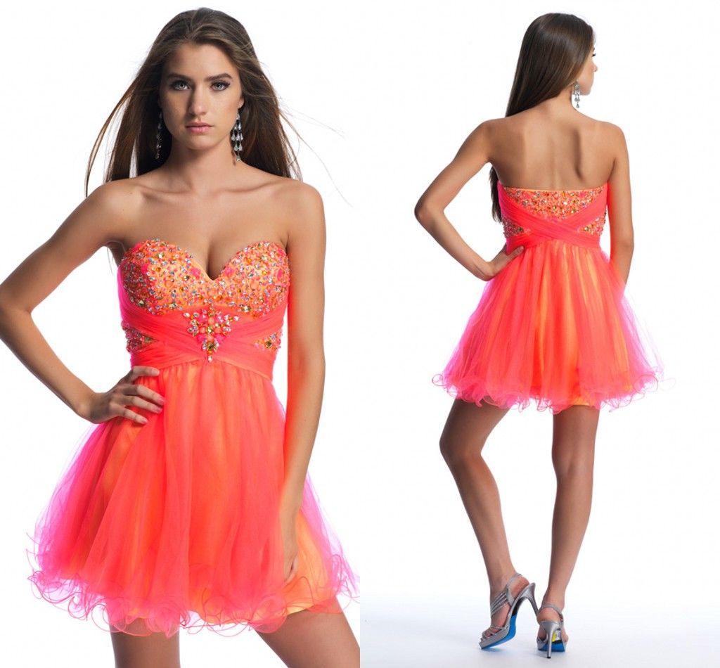 Lk Sexy Hot Orange Semi Formal Dresses Sweetheart Neck A Line Short/Mini Sparkly Beaded Ball