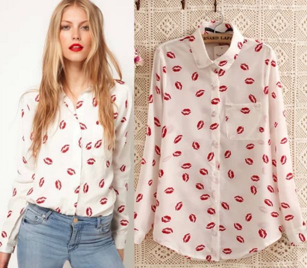 2017 2014 Spring New Red Lip Flower Printed Ladies Blouses Women Blouse