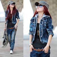 Jackets Women Cotton Vintage 2014 Autumn Women Military Hooded Denim Jacket Dark Blue Plus Large Short