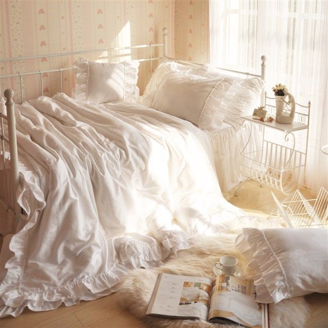 Korean bedding white duvet covers home romantic ruffle princess set ...