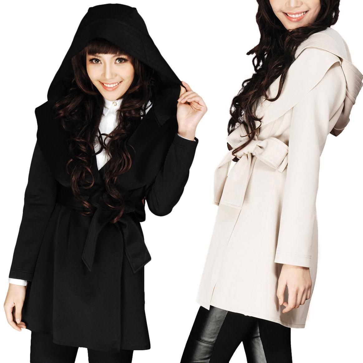 S5q Women Ladies Punk Funky Hoodie Hood Long Trench Coat Belt