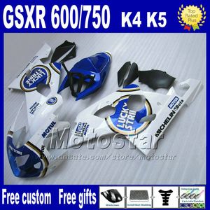 Suzuki GSXR 600 750 2004 2005 için Motosiklet Kursiyonları Beyaz Mavi Şanslı Strike Plastik Plastik Kurum Bodykits K4 GSX-R 600/750 04 05 HJ10
