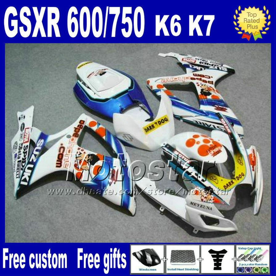 injection molding fairings kit for suzuki gsxr 600 750 2006 2007 k6 gsxr600 gsxr750 06 07 white blue dark dog fairing parts, Multi-color 
injection molding fairings kit for suzuki gsxr 600 750 2006 2007 k6 gsxr600 gsxr750 06 07 white blue dark dog fairing parts, Multi-color