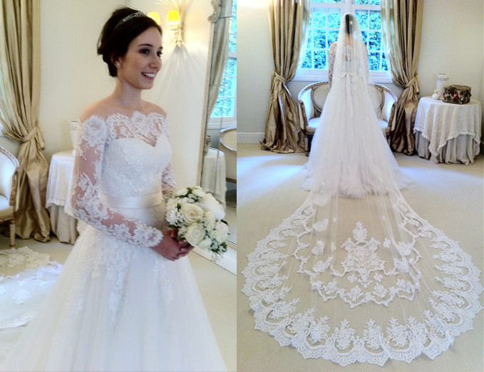 -Shoulder Long Sleeves Floor Length Bridal Gowns With Cathedral Train