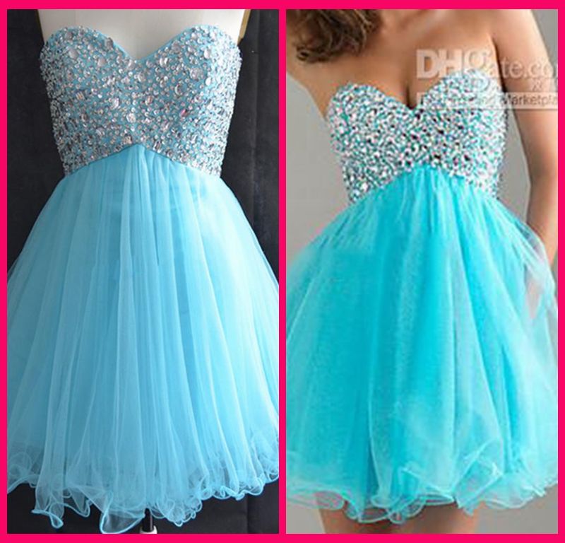 2015 Sweetheart Light Blue Graduation Dresses For College High School 8th Grade Tulle Beads
