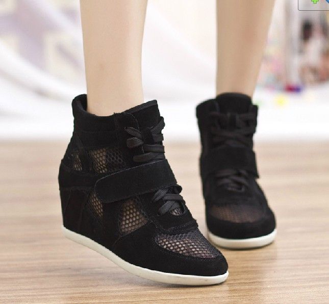 Womens High Top Sneaker Hidden Wedge Heels Shoes Stone Color Gray Black