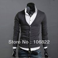 Cheap New Dark Gray Casual Mens V-neck Slim Cardigan Casual Shirt Cotton Long Sleeve