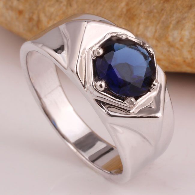2017 Men Dress Ring 925 Solid Sterling Silver Band Round Blue Sapphire