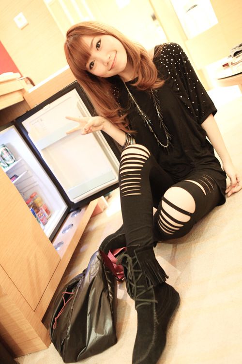 Women's Punk Rock Style Slim Cut out Pants Skinny Cotton Hollow out Knee Fantasy Ripped Legging Drop Ship Black White Colors in M, XL, XXL