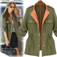 Jackets Women Linen 2014 Autumn Women Military Army Green Solid Trench Drawstring Elastic Waist Foldable Long