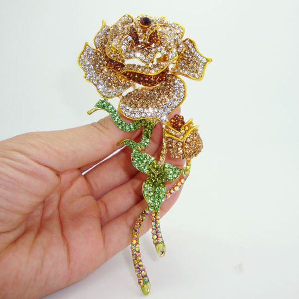 Wholesale-Classic elegant brown crystal rhinestone roses bud gold plated decorative brooch pin
Wholesale-Classic elegant brown crystal rhinestone roses bud gold plated decorative brooch pin