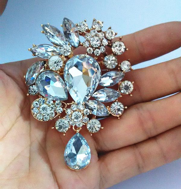 3 Inch Gold Tone Clear Rhinestone Crystal Big Water Drop Glass Dangle Bridal Brooch Wedding Pins
