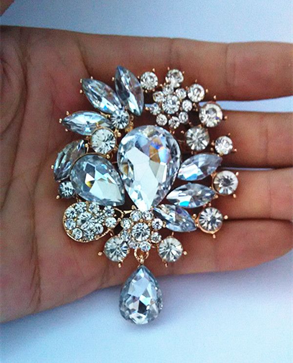 3 Inch Gold Tone Clear Rhinestone Crystal Big Water Drop Glass Dangle Bridal Brooch Wedding Pins