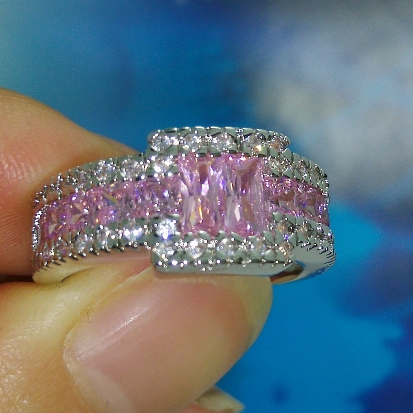 Professional wholesale Free shipping fashion jewelry 10kt white gold filled pink sapphire Gem MEN wedding ring gift