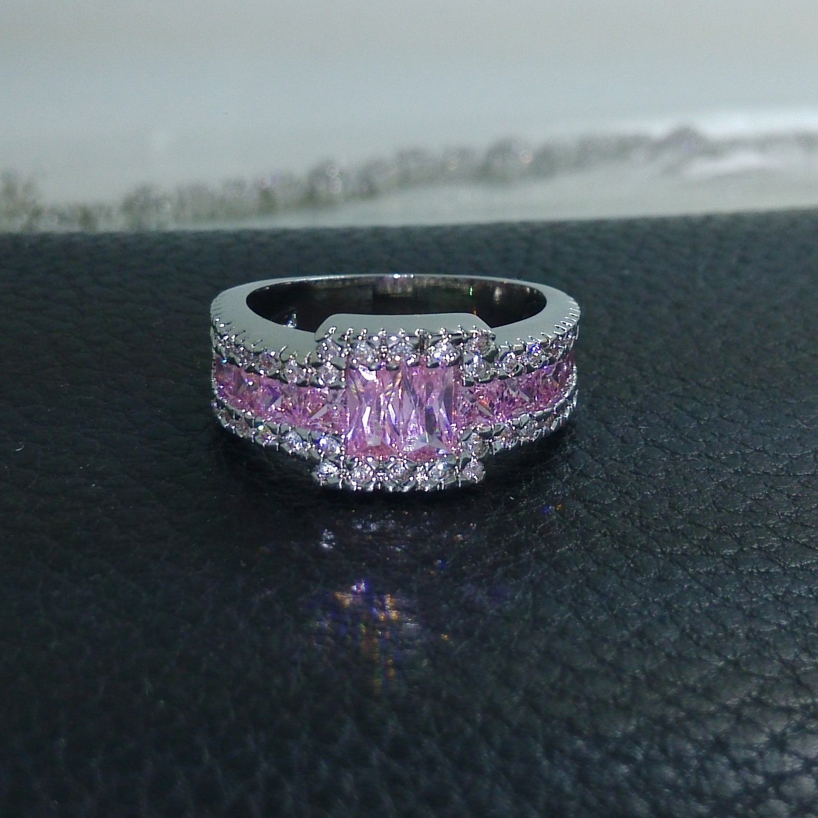 Professional wholesale Free shipping fashion jewelry 10kt white gold filled pink sapphire Gem MEN wedding ring gift