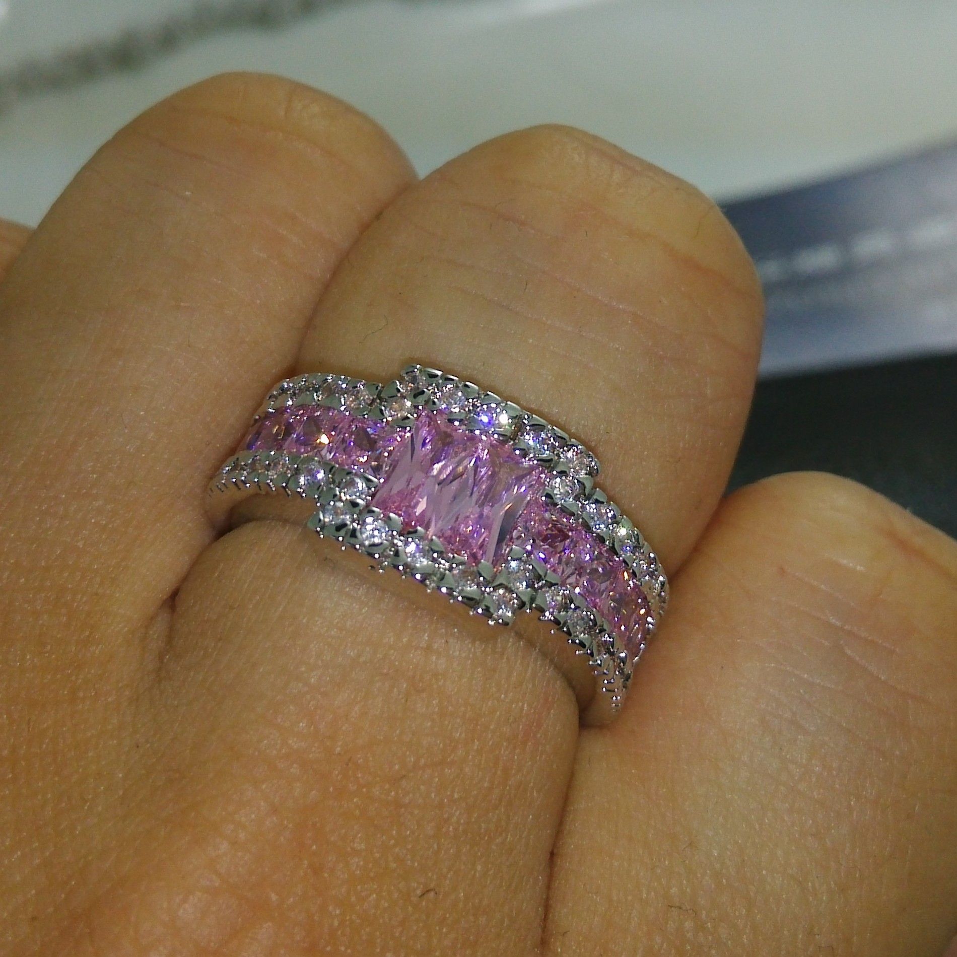 Professional wholesale Free shipping fashion jewelry 10kt white gold filled pink sapphire Gem MEN wedding ring gift