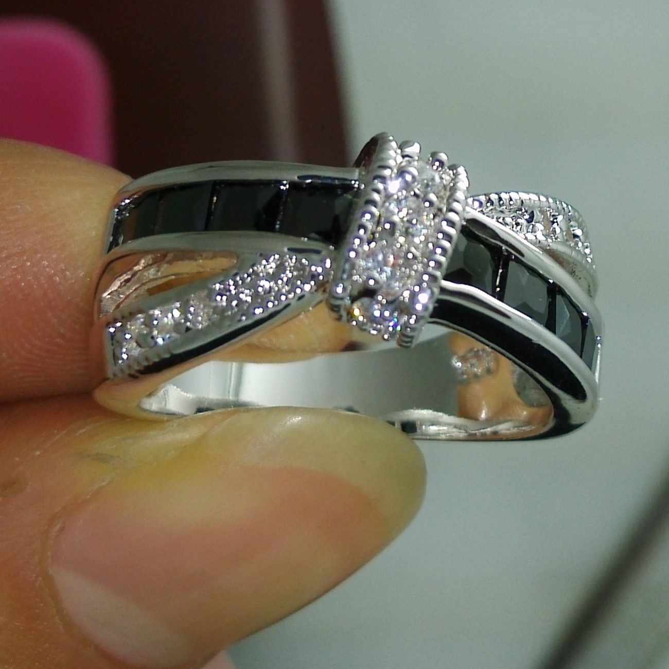 NEW 100% Brand free shipping Fine Jewelry 925 sterling silver black sapphire Gem Women wedding Belt buckle Ring size6/7/8/9