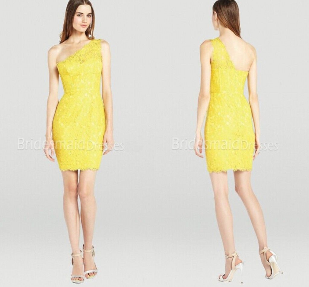 Yellow Lace Short Bridesmaid Dresses Sheer One-shoulder Beach 2014 ...