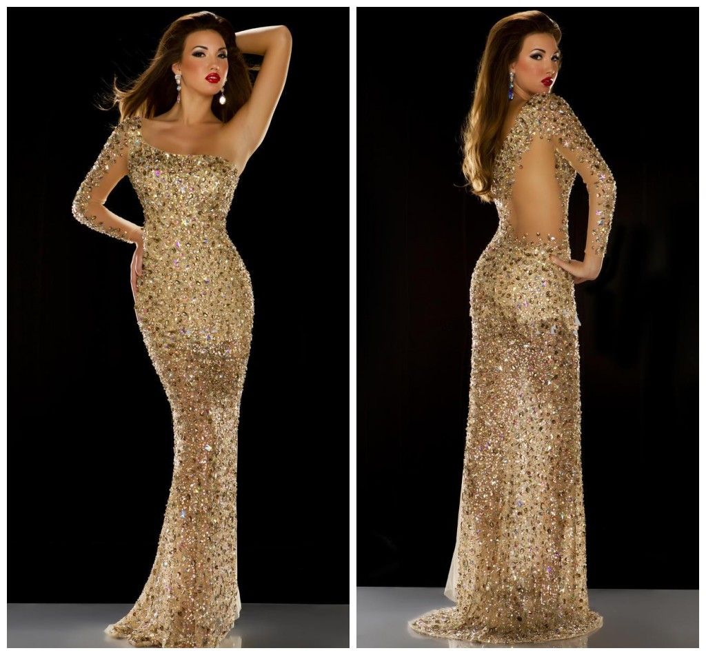 2104 Long Sleeves Gold Rhinestones Formal Pageant Gowns With Crystals