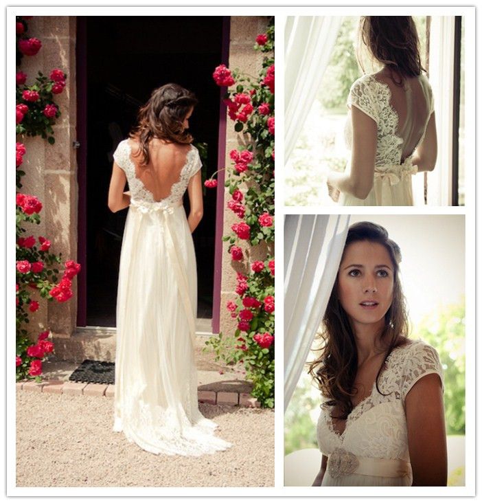 Buy Bohemia Wedding Dresses V Neck Cap Sleeve Open Back Lace ...