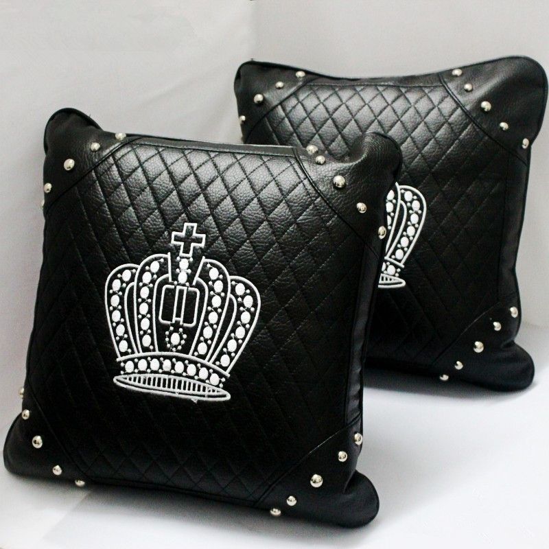 Black Leather Crown Pattern Cushion Rivets Embellishments