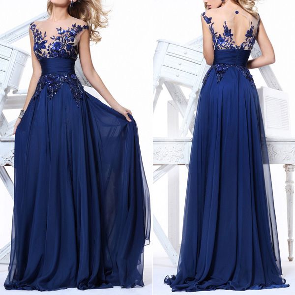 In Stock A Line Sweep Train Chic Chiffon Appliques Beads Prom