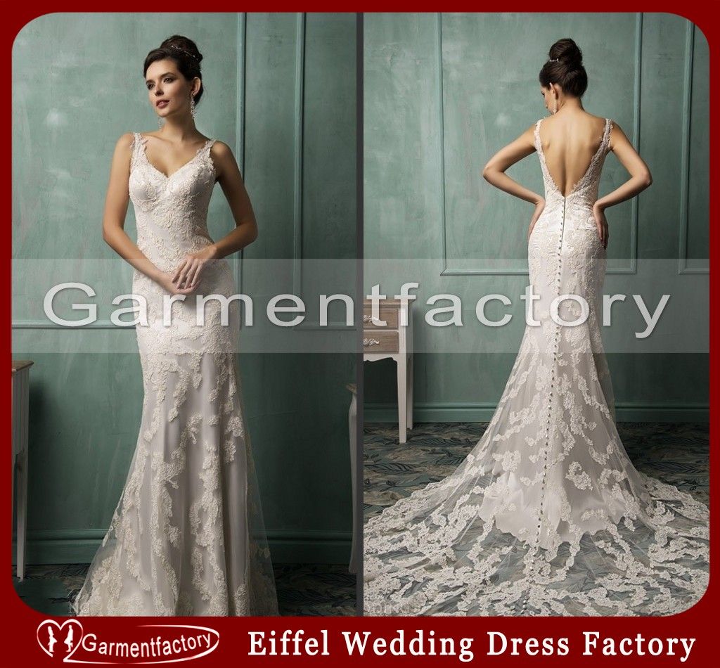 2014 Inexpensive Wedding Dresses V Neck Sheath Chapel Train Top Quality
