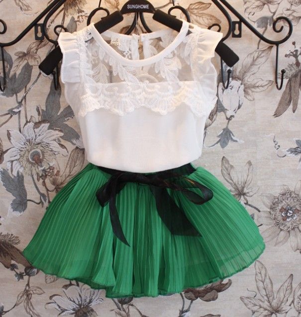 Summer Children Clothing Girls Sets Kid Short Sleeve Lace T Shirt Tops