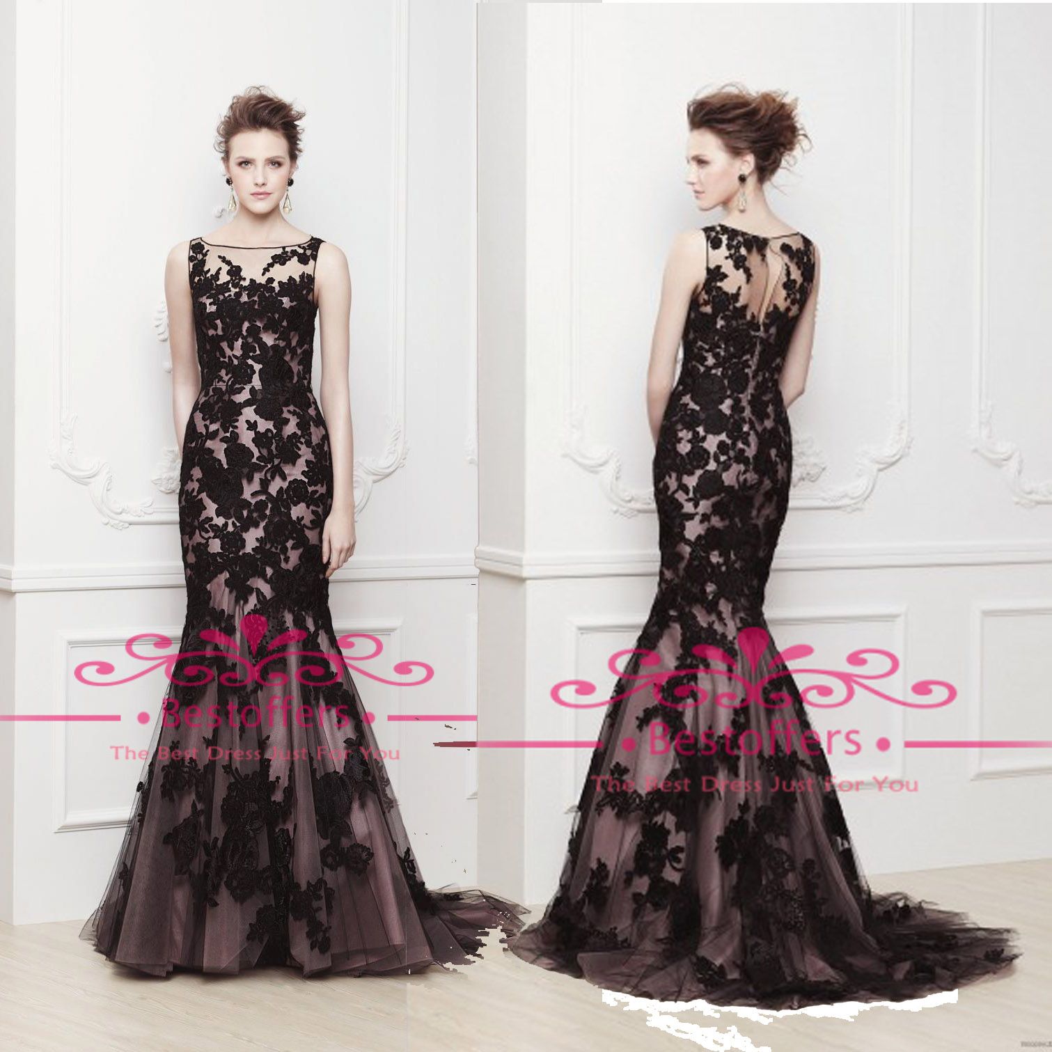 2016 Black Mermaid Evening Dresses Cheap Lace Appliques Sheer Tulle