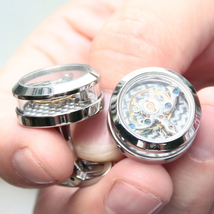 2018 Watch Movement Cufflinks, Stainless Steel Transparent Silver