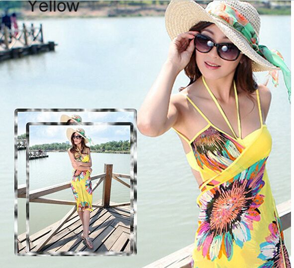 Fashion women backless dresses bohemia chiffon flower beach dress towel beachwear clothing long scarf 6colors