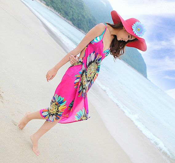 Fashion women backless dresses bohemia chiffon flower beach dress towel beachwear clothing long scarf 6colors