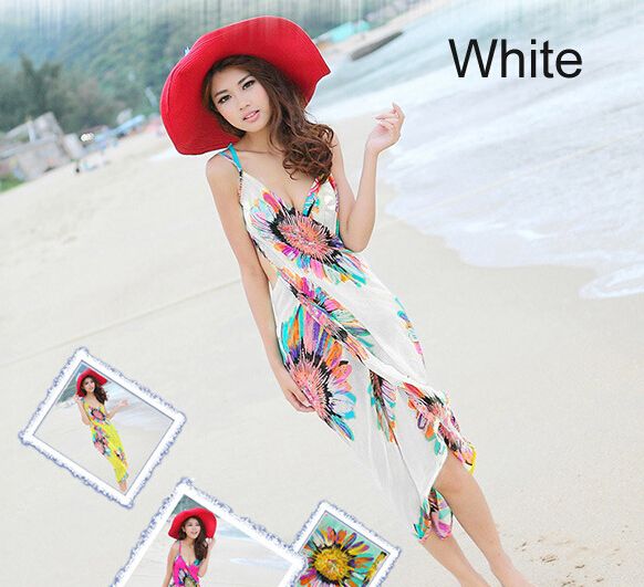 Fashion women backless dresses bohemia chiffon flower beach dress towel beachwear clothing long scarf 6colors